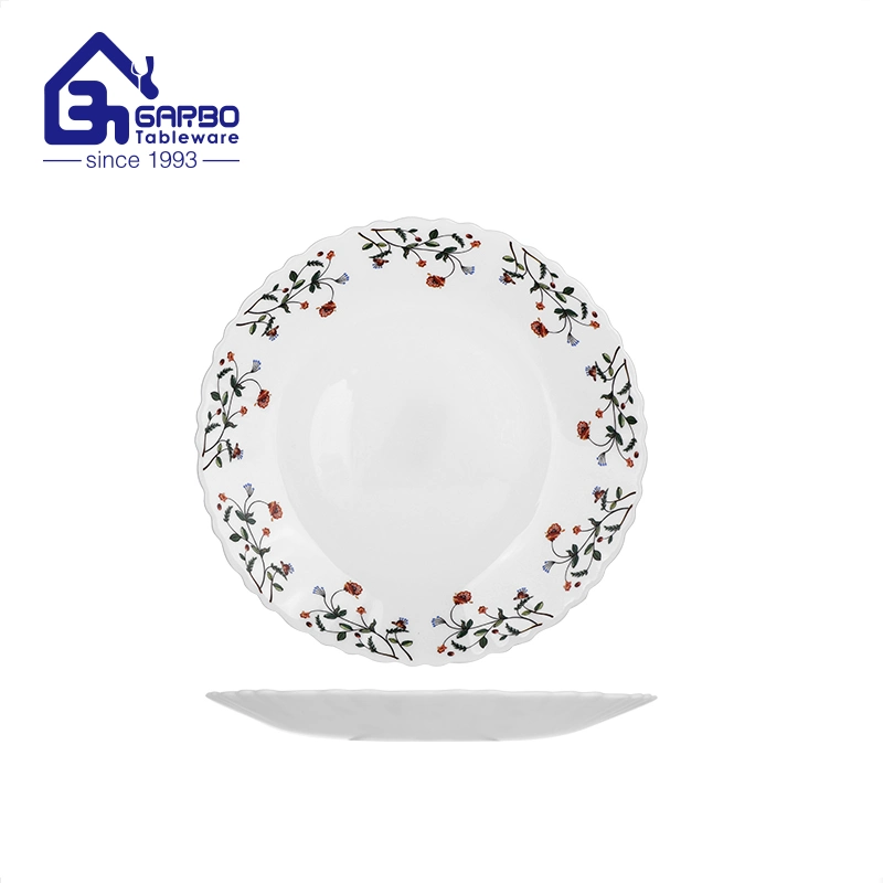 8.5 Inches Tempered White Opal Glass Dinner Flat Plate with Round Flower Decal Design