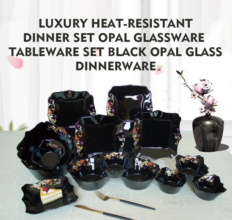 Luxury Black Glass Dinner Set Heat Resistant Opal Dinnerware Opal Glassware Black