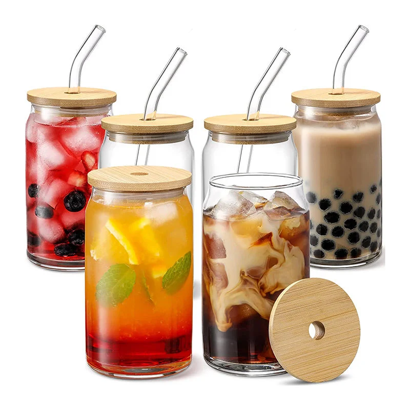 Drinking Glass Cup Customized Reusable Clear Glass Beer Can Shaped Tumbler Sublimation with Bamboo Lid Straw Tea Cup Clear Glass Milk Coffee Cups Cool Water