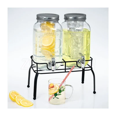 Dispensador de jugo de vidrio para bebidas de agua fría doble de 1 galón, jarra para beber con grifo de pizarra de madera, tarro para bebidas, tarros para bebidas