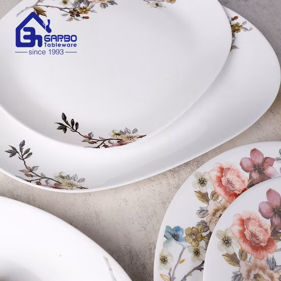 Calcomanía personalizada Plato de vidrio de ópalo blanco redondo Platos de cena Hotel Uso doméstico Plato de postre de vidrio Platos de cargador Platos de uso diario seguros para microondas Cristalería de ópalo