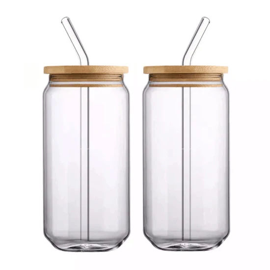 Taza de café de jugo de 25 oz en existencia Vaso de vidrio de sublimación recto transparente esmerilado en blanco con tapa de bambú y pajita
