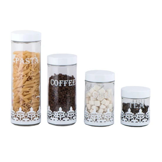 Recipiente de almacenamiento de alimentos de vidrio para pasta, café, azúcar, té con decoración de metal