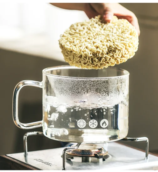 Olla de cocción de sopa de fideos de vidrio de borosilicato segura contra incendios con mango de vidrio y tapa